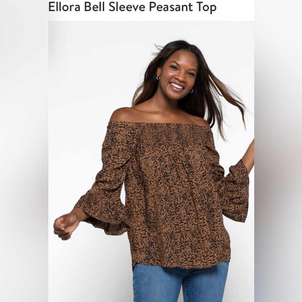 NWT BeachLunchLounge Bell Sleeve Peasant Top Sepia Black Dots Size XS